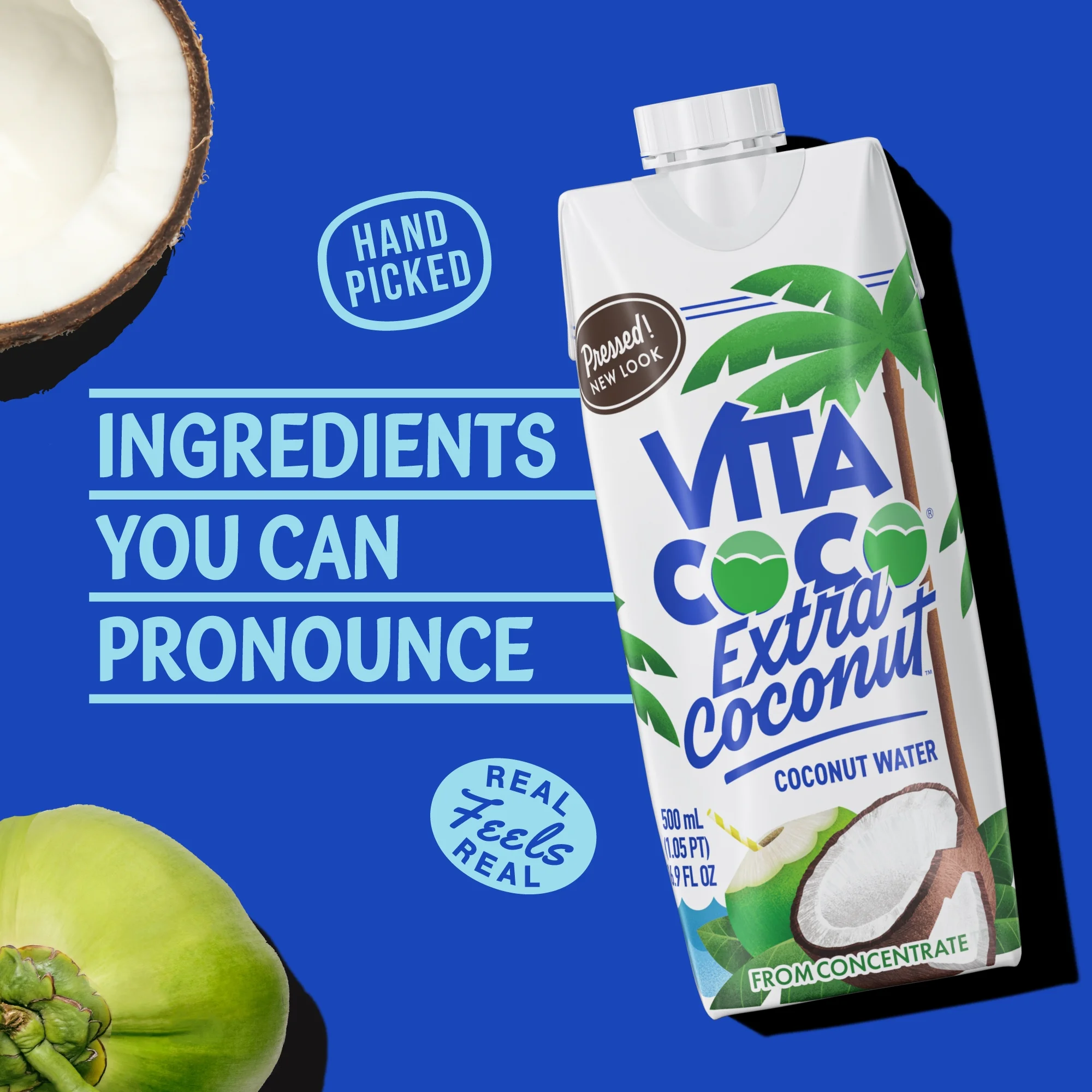 Vita Coco Extra Coconut Coconut Water, Pressed Coconut, 16.9 fl oz Tetra (Pack of 12)