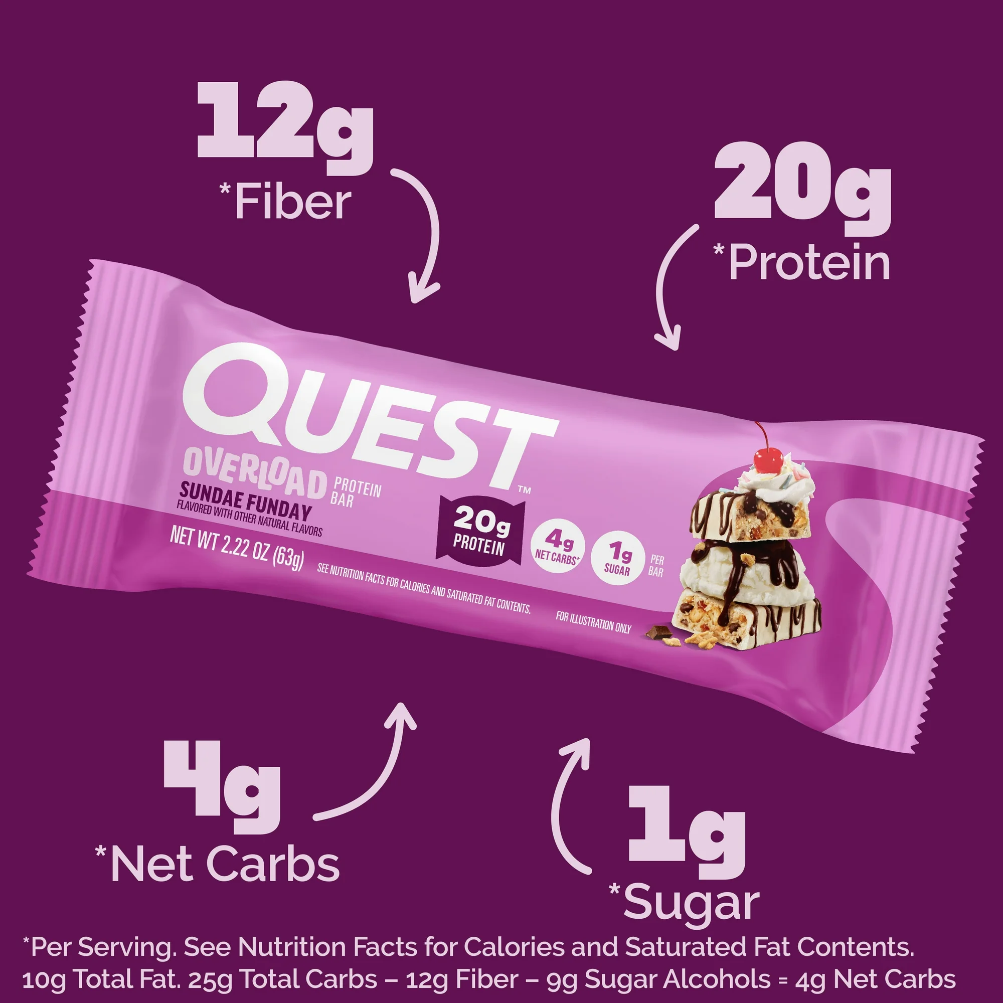 Quest Overload 20g Protein Bar, Sundae Funday Flavor, Protein Bars, Gluten-Free, 4 Count - Image 3